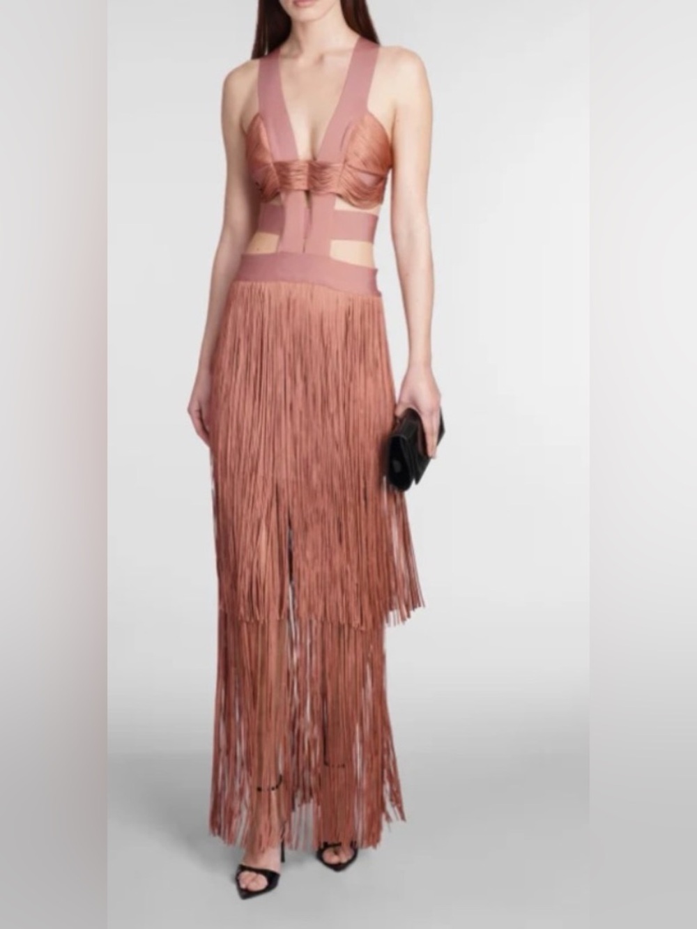 HERVE LEGER STRAPPY BANDEAU FRINGE GOWN TERRACOTTA SMALL NWT